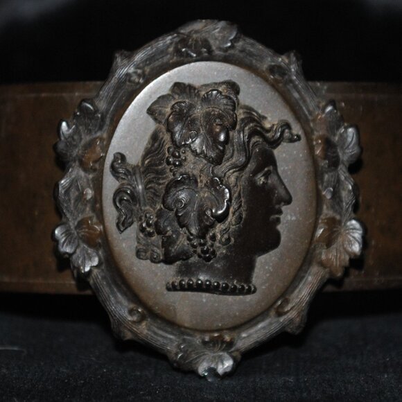 Rare Antique Victorian Mourning Vulcanite Bacchante Cameo Wide Cuff Bracelet - Picture 3 of 14